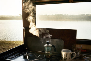fine art early morning photo of a coffe machine in my van along a lake in Alentejo